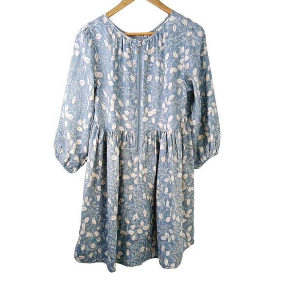 Free People SZ S Paper Hearts Babydoll Mini Dress Blue Floral Linen 1035026 - Picture 5 of 8